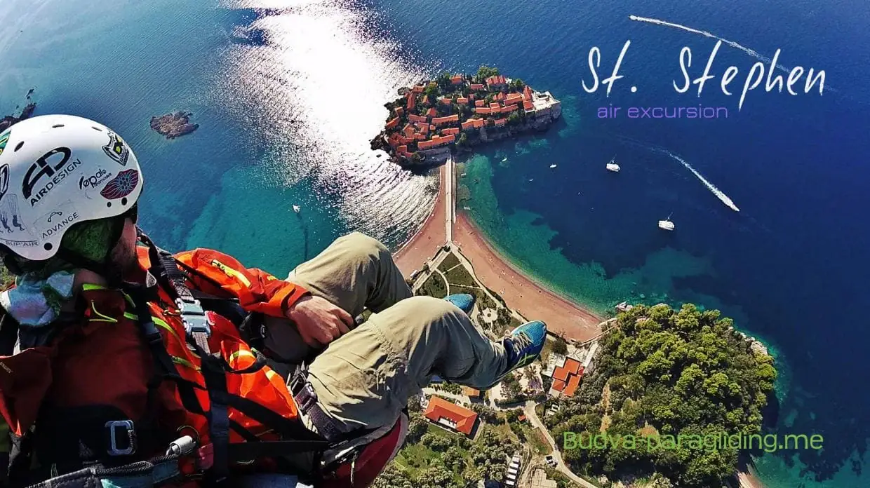 Sveti Stefan island and shoreline seen from a paragliding route.